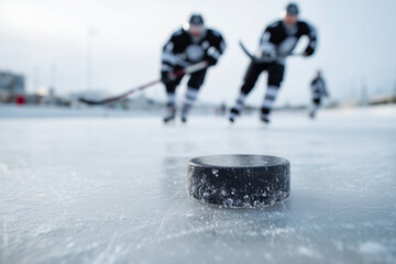 Close-up of puck sliding across ice, faceless players chasing it in soft blur, smooth winter tones, with copy space