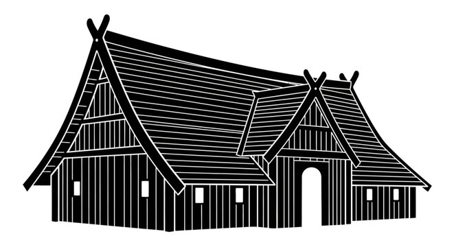 Black and white illustration of a traditional Viking longhouse with a distinctive gabled roof.