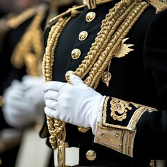 A close-up of a military officer's uniform, featuring gold and black colors, intricate gold embroidery, and white gloves, with a focus on the officer's right hand 