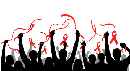 Silhouettes of people raising red ribbons for AIDS awareness and support, symbolizing solidarity and advocacy.