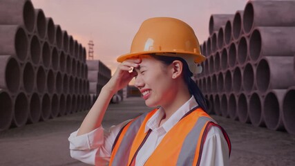 Close Up Side View Of Asian Female Engineer With Safety Helmet Having A Headache While Working at Precast Concrete Pipes Storage