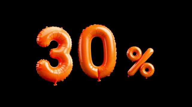 30 PERCENT off orange foil balloon number animation isolated on solid background for sale discount.
