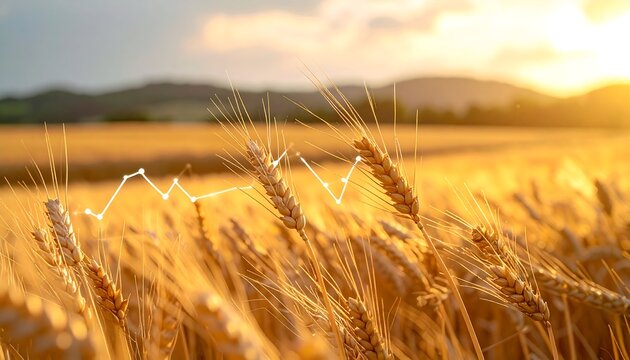 Golden wheat field at sunset, with an overlaid white chart line, implying economic analysis of agriculture - Powered by Adobe