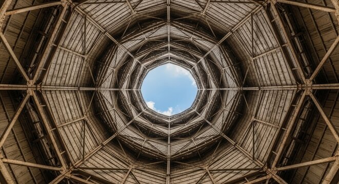 Looking up at bright blue sky with white clouds through weathered circular industrial lattice structure on sunny day - Powered by Adobe