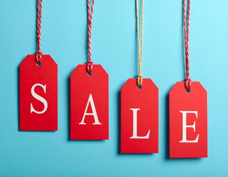 Four red rectangular tags with white letters spelling "SALE" hang against a vibrant blue backdrop. Each tag is suspended by a string