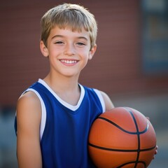 A young boy with blonde hair holding a basketball, smiling, wearing a blue and white sleeveless jersey, standing outdoors with a brick building in the background.