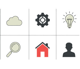 Collection of simple icons representing cloud, settings, idea, search, home, and user