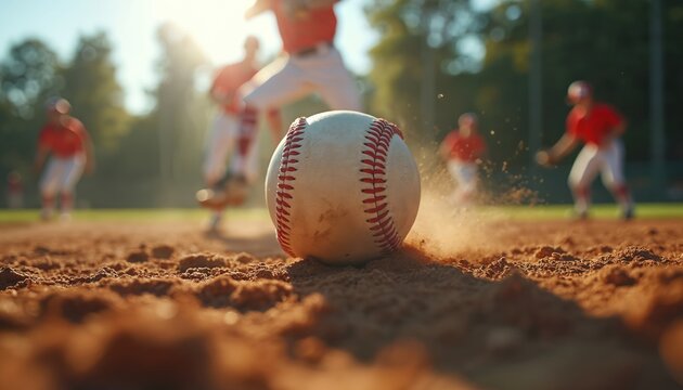 Close up baseball hits dirt during game. Blurred players in red uniforms run on field. Sunlight shines on intense sports action. Active players compete in stadium.
