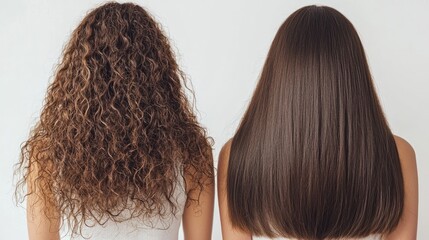 Woman with curly hair before and after hair treatment, showing the difference in texture and length.