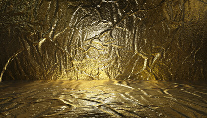 Gold foil background with shiny metallic texture and glitter pattern - glossy golden glass surface with reflective wrinkled effects. Luxury abstract gradient backdrop for celebration premium design
