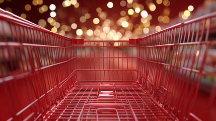 POV shot of a red supermarket shopping cart at the bottom of the frame, seen from a first-person angle as if the viewer is pushing it, empty cart ready for text overlay, clean seam