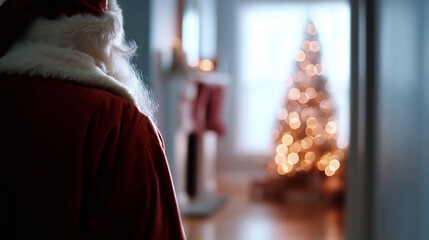 A blurred back view of Santa walking away from the chimney toward a glowing Christmas tree, faceless and atmospheric, with copy space