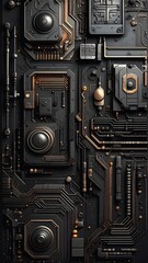 A detailed, vertical composition shows a complex array of mechanical and electronic components in dark gray, black, and bronze tones