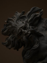 A dramatic, low-key shot of a detailed and ornate stone sculpture with a complex, swirling design.