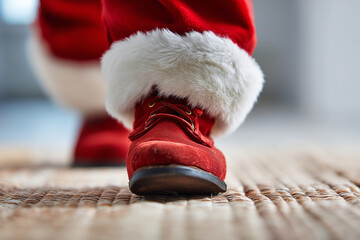 Santas boots and lower coat hem stepping onto a rug, faceless angle, shallow depth of field emphasizing movement, with copy space