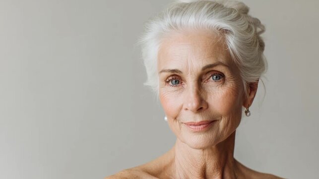 Portrait of a beautiful mature woman showing natural aging and skin care.