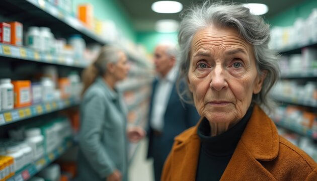 Elderly woman looks worried in pharmacy aisle with shelves of meds. Other people blurred in background. Concerns about health costs or medication access.