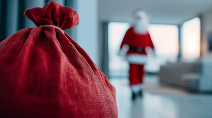 Slightly out-of-focus shot of Santa lifting his sack of gifts inside a dim living room, only his silhouette recognizable, with copy space