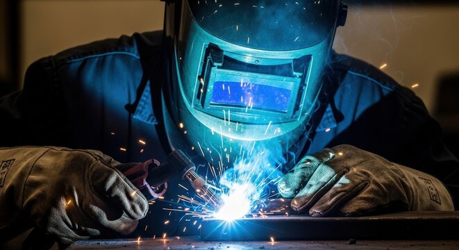 Skilled welder working on metal with welding machine, creating bright sparks in a workshop environment
