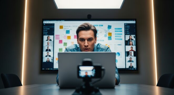 A concentrated businessman in a modern, dark conference room conducts an intense virtual meeting via laptop, with a large illuminated screen displaying video participants and a det