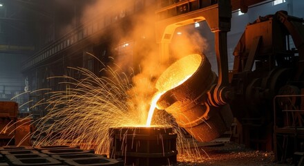 Molten metal pouring from a large ladle into a mold creating bright fiery sparks in a dark industrial foundry