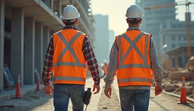 Two construction workers walk along building site wearing helmets, safety vests. Men at work during urban construction, teamwork shown. Professionals in construction zone ready to start job. Modern