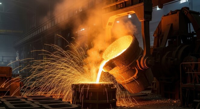 Molten metal pouring from a large ladle into a mold creating bright fiery sparks in a dark industrial foundry - Powered by Adobe