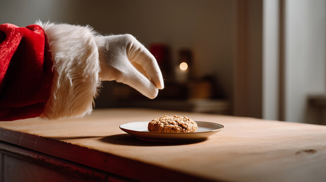 Product photo showing Santas glove leaving a cookie on a table beside the chimney entry, precise lighting and minimal clutter, faceless, with copy space