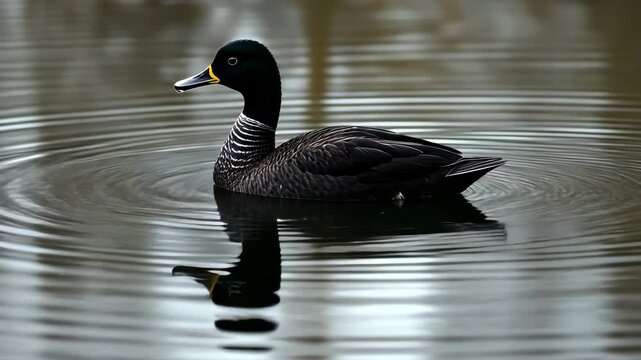 A Dark feathered Duck Swimming Calmly in a Still Pond Creating Ripples