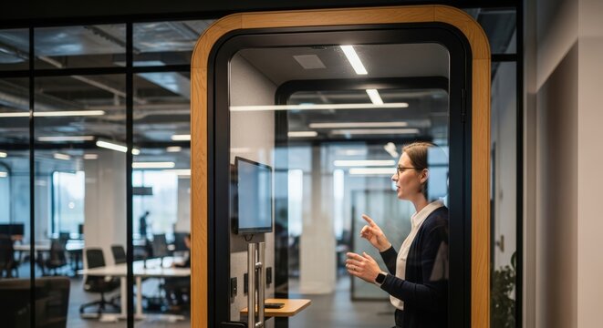 A professional businesswoman uses a soundproof office phone booth pod for a focused video conference call, gesturing while speaking, in the middle of a busy, modern open-plan offic