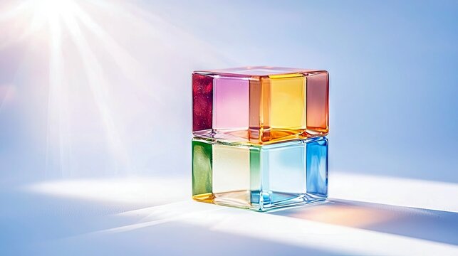 A stack of two colorful glass cubes, each with multiple colored facets, sits on a white surface, illuminated by bright sun rays against a blue background.