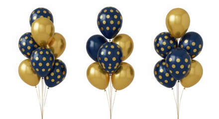 Gold and navy blue polka dot balloon bunches isolated on transparent background