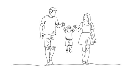 A Continuous Single Line Drawing of a Loving Family Holding Hands with Their Child, Minimalist Vector Art
