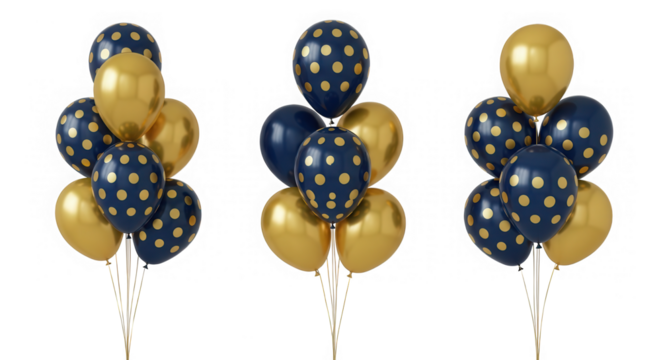 Gold and navy blue polka dot balloon bunches isolated on transparent background - Powered by Adobe