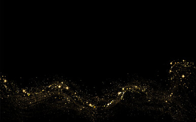 Isolated gold wavy pattern from small mosaic with glitter on black background.