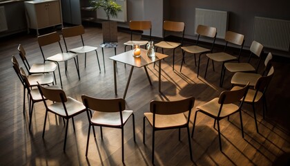 Empty circle of chairs in counseling room — support group, group therapy and mental health meeting