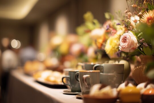 Elegant Coffee Break Setup at Business Event. A soft blur of a breakfast event where professionals network over morning coffee. High quality - Powered by Adobe