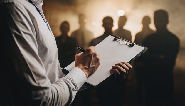 Manager with clipboard taking notes in front of team — leadership, evaluation and human resources concept