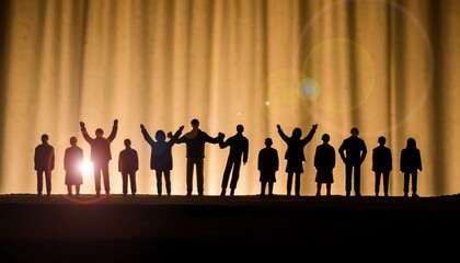 Large group silhouettes celebrating together under warm dramatic light — unity, teamwork and success concept