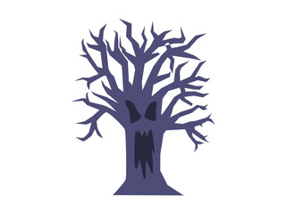 Illustration of a scary, leafless tree with a menacing face.