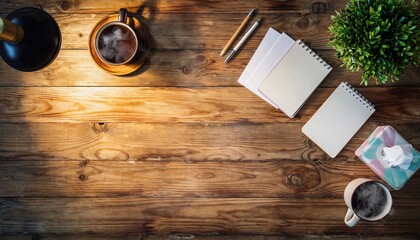 Top view of wooden desk with coffee, notebooks and stationery in warm sunlight — cozy workspace and creative planning