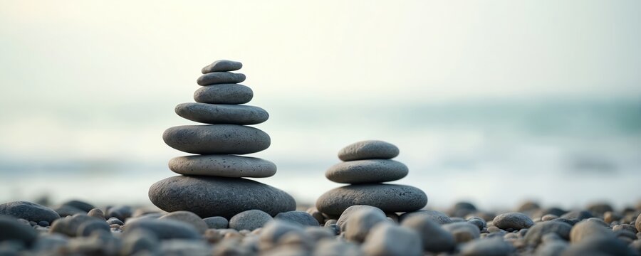 Stacked rocks on pebble beach with soft ocean waves. Stones are balanced in cairns. Serene nature scene at seaside. Calm water backdrop.