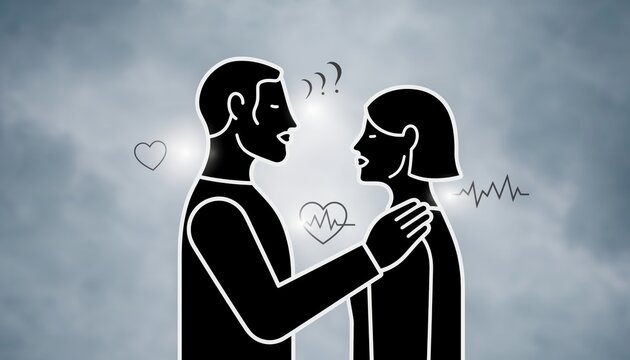 Line art couple having difficult conversation — relationship conflict, communication problems and emotional support concept