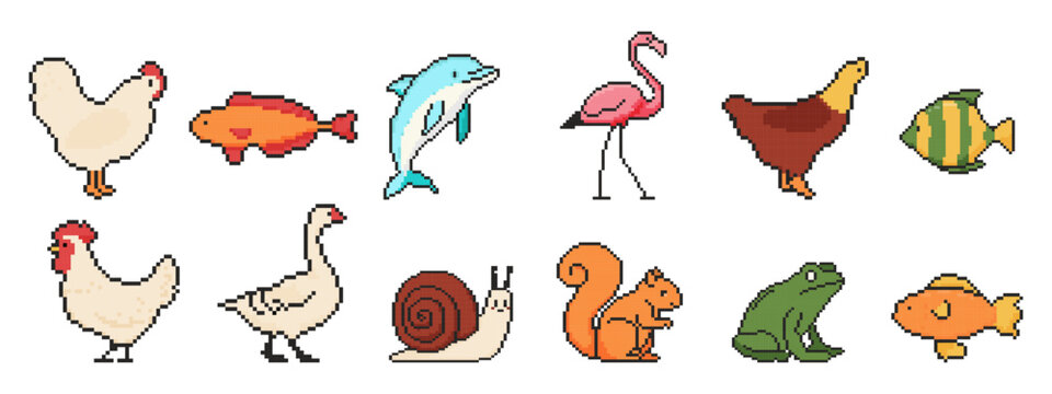 Old school 8 bit animal set. Pixel art objects. Vintage game graphics. Chicken, dolphin, flamingo, fish, snail, frog.