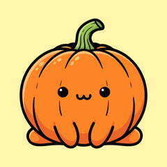 Cute pumpkin cartoon character with happy face on yellow background