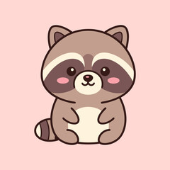 Cute cartoon raccoon with a mask and striped tail on a pink background