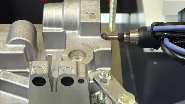 Rotary axis CNC milling machine during deburring of engine parts, heavy industry plan