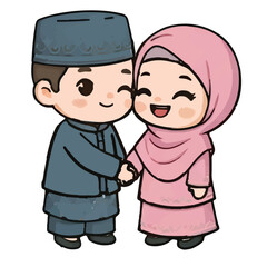 Chibi Muslim Boy and Girl Handshaking or Showing Forgiveness