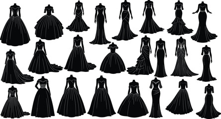 Stylized vector set of 25 black evening gowns with diverse silhouettes, necklines, sleeves, and skirt designs on dress forms