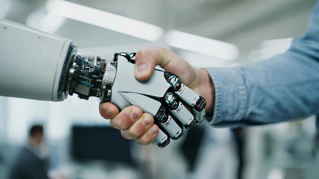 Close-up handshake between AI arm and factory worker in an industrial setting, symbolizing trusted automation, efficient teamwork, and manufacturing of the future.